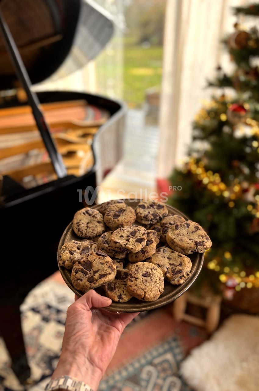 Assiette de cookies aux pépites de chocolat tenue devant un piano et un sapin de Noël décoré.