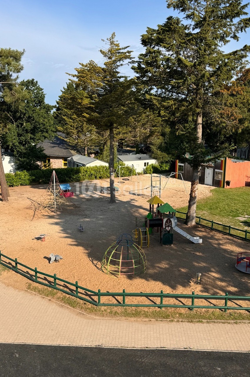 Aire de jeux extérieure avec structures pour enfants, entourée d'arbres et de clôtures en bois.