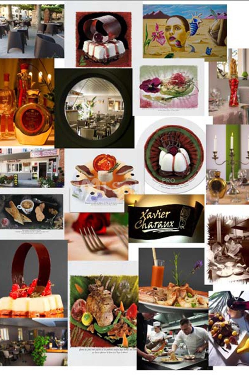 Mosaïque d'images montrant des plats gastronomiques, des restaurants, des chefs en cuisine et des décorations de table.