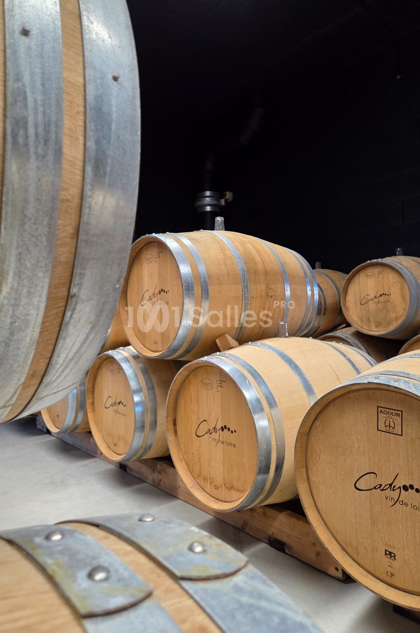Fûts en bois empilés dans une cave sombre, utilisés pour le vieillissement du vin.