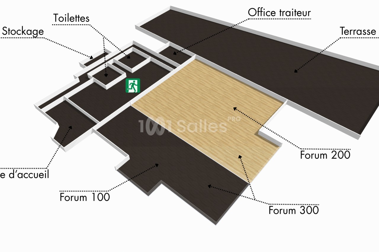 Plan en 3D d'un espace intérieur avec zones identifiées : forums, accueil, toilettes, local stockage, terrasse et office…