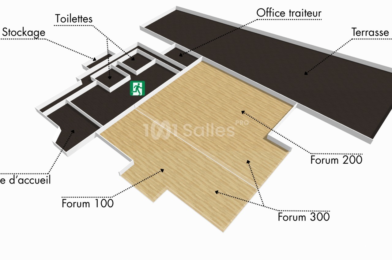 Plan d’un espace intérieur avec zones identifiées : forums, accueil, toilettes, local stockage, office traiteur et terrasse.