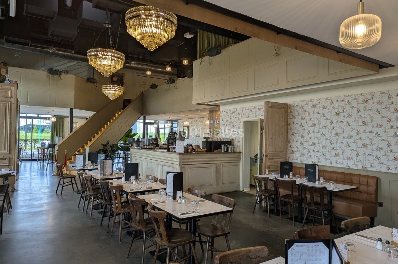 Salle de restaurant lumineuse avec tables dressées, chaises en bois, lustres suspendus et comptoir en arrière-plan.