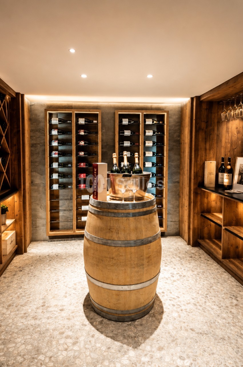 Intérieur de cave à vin avec tonneau central, étagères vitrées de bouteilles et éclairage ambré chaleureux.