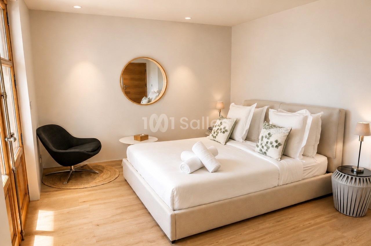 Chambre aux tons beiges avec lit king-size, fauteuil noir et miroir rond en bois clair.