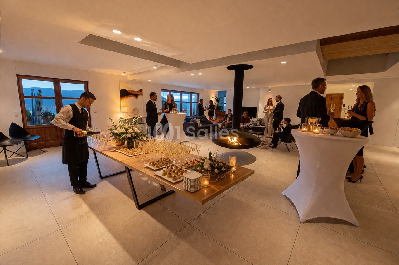 Salle élégante avec invités debout, buffet dressé, serveur en action et cheminée centrale allumée.