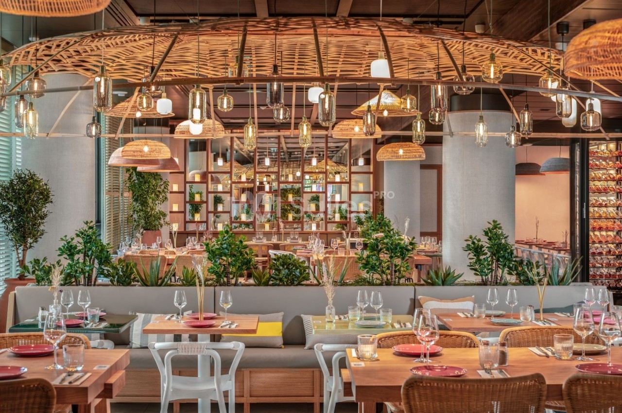 Salle de restaurant moderne avec tables dressées, chaises variées, plantes décoratives et éclairage suspendu en osier.