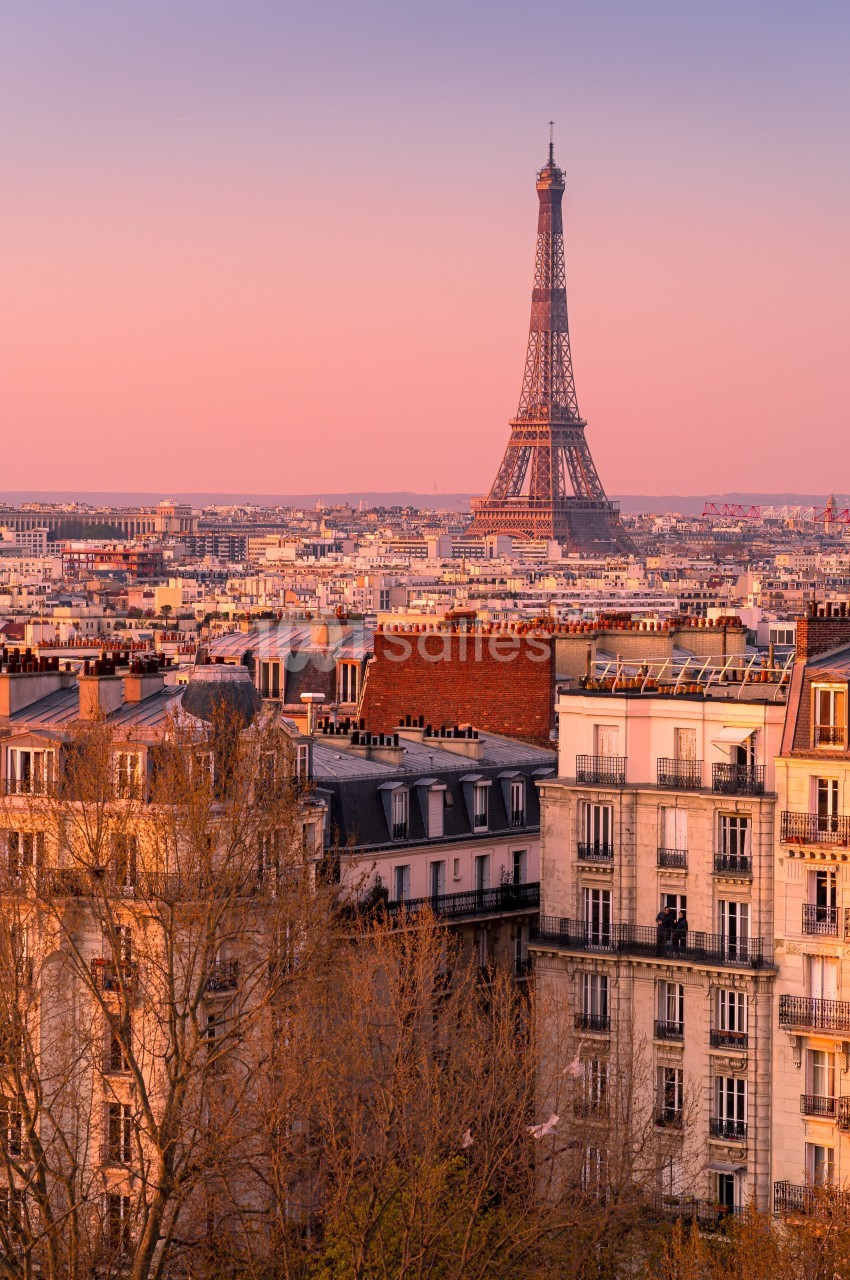Vue sur la tour Eiffel au coucher du soleil, entourée de bâtiments parisiens et d'arbres en premier plan.