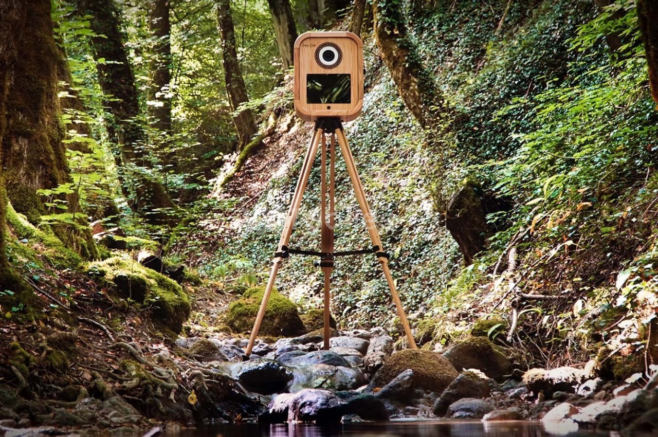 Appareil photo sur trépied en bois installé dans une forêt verdoyante au-dessus d'un ruisseau.