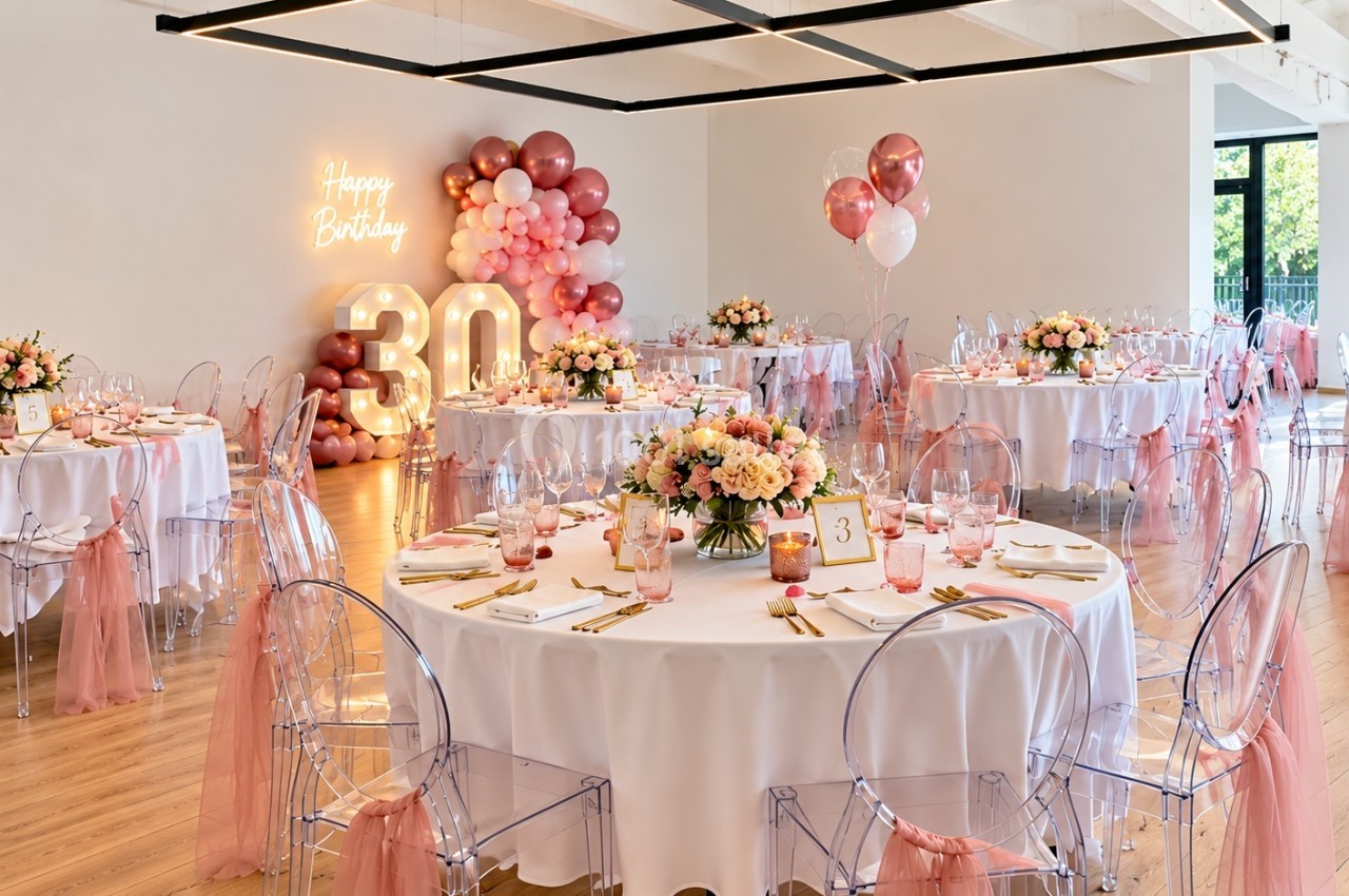 Salle décorée pour une fête d'anniversaire avec des tables dressées, des ballons roses et un panneau lumineux ’Happy…