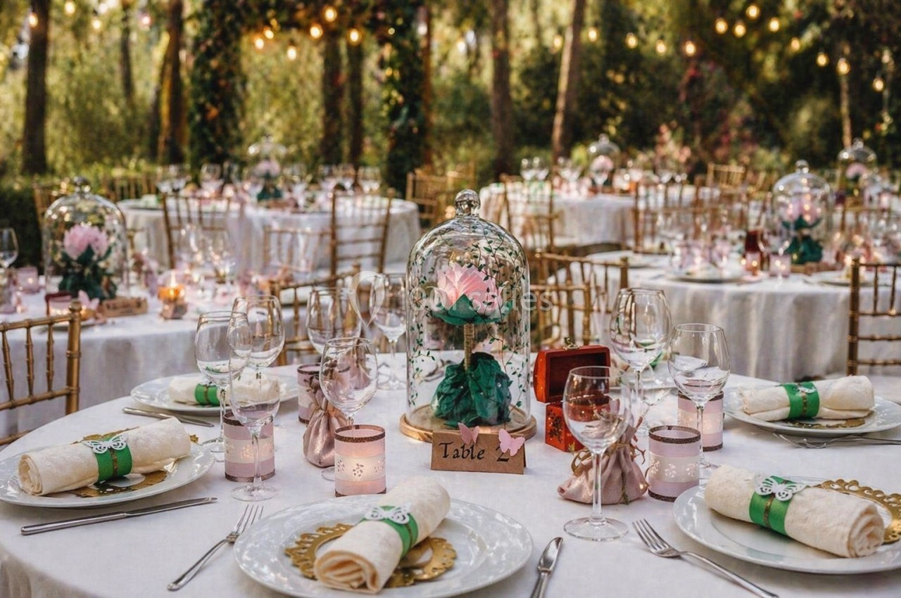 Tables décorées pour un mariage en extérieur, avec nappes blanches, fleurs sous cloches et guirlandes lumineuses.