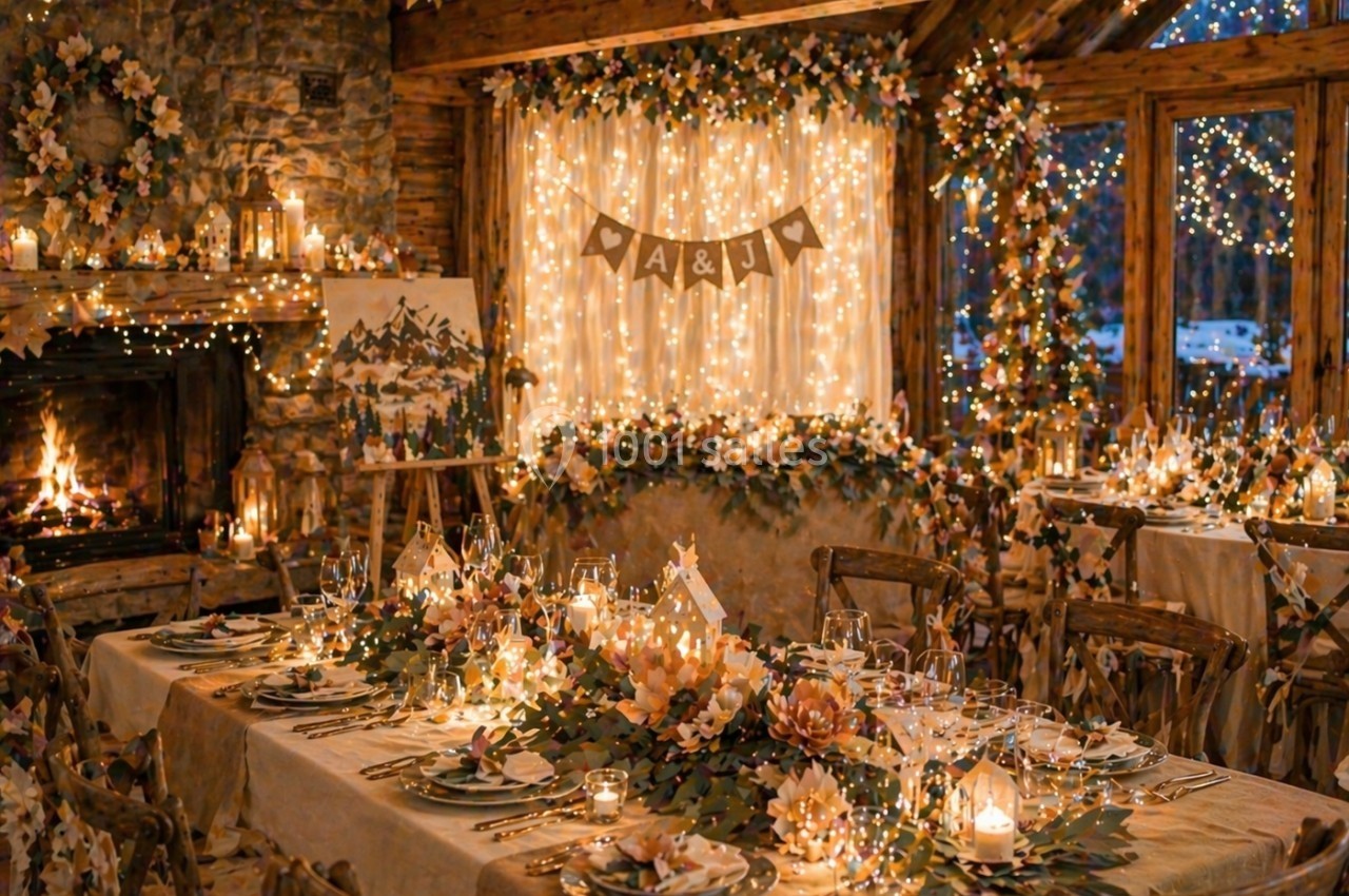 Salle de réception décorée pour un mariage avec guirlandes lumineuses, fleurs, bougies et tables élégamment dressées.