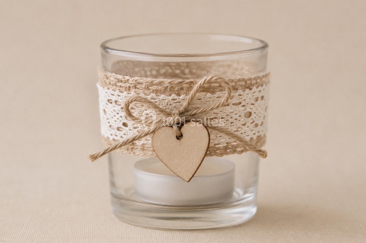 Photophore en verre décoré de dentelle, ficelle en jute et cœur en bois, contenant une bougie chauffe-plat blanche.