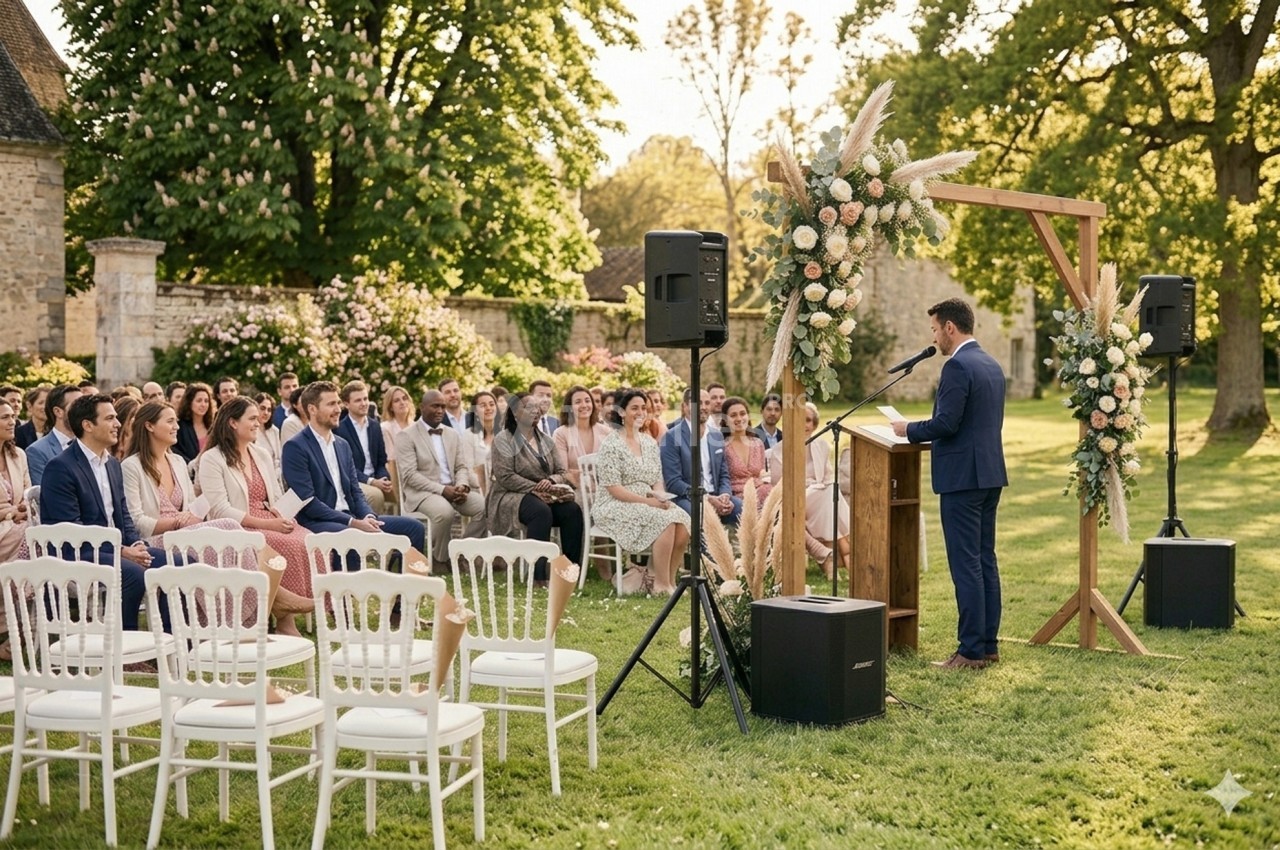 Un homme en costume prononce un discours devant un public assis dans un jardin lors d'une cérémonie en plein air.