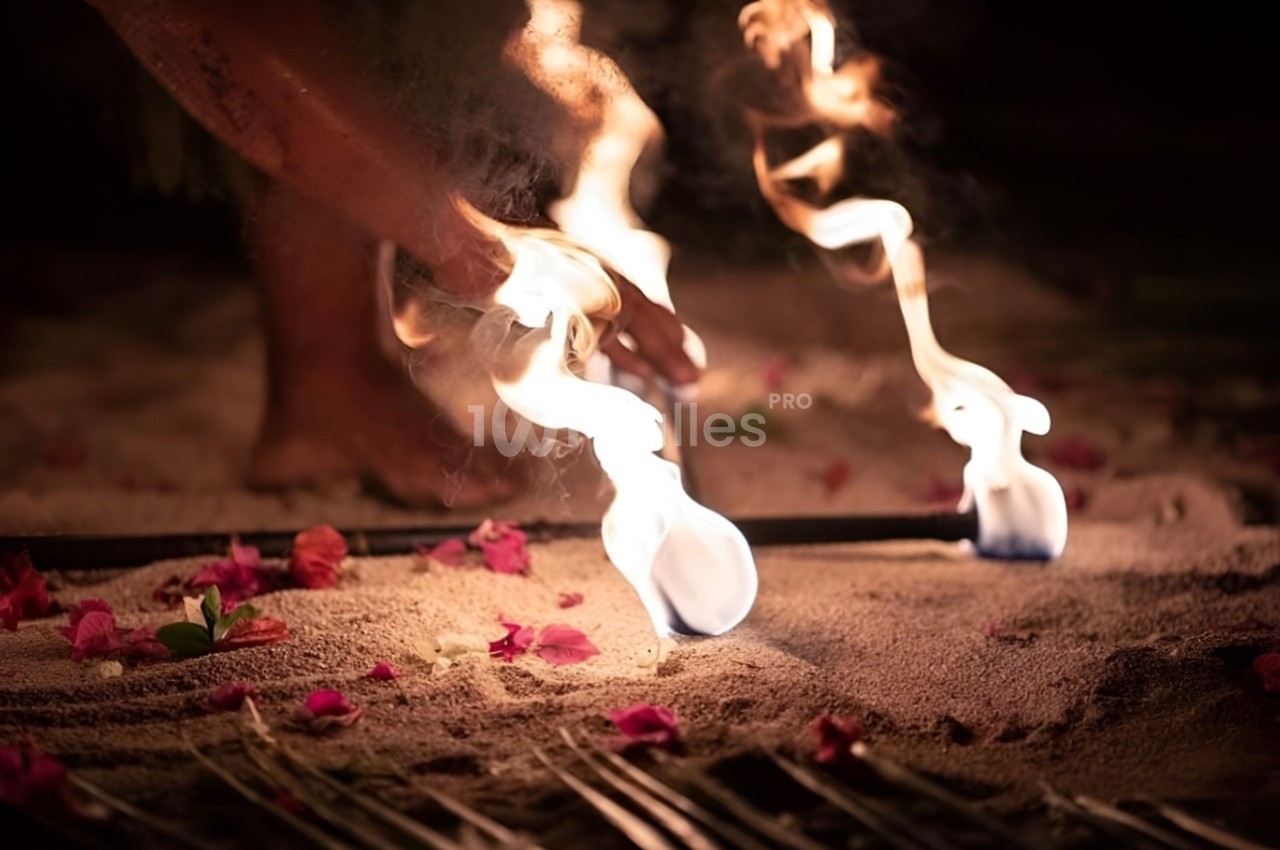 Main manipulant des torches enflammées sur du sable, entourées de pétales de fleurs et de feuilles.