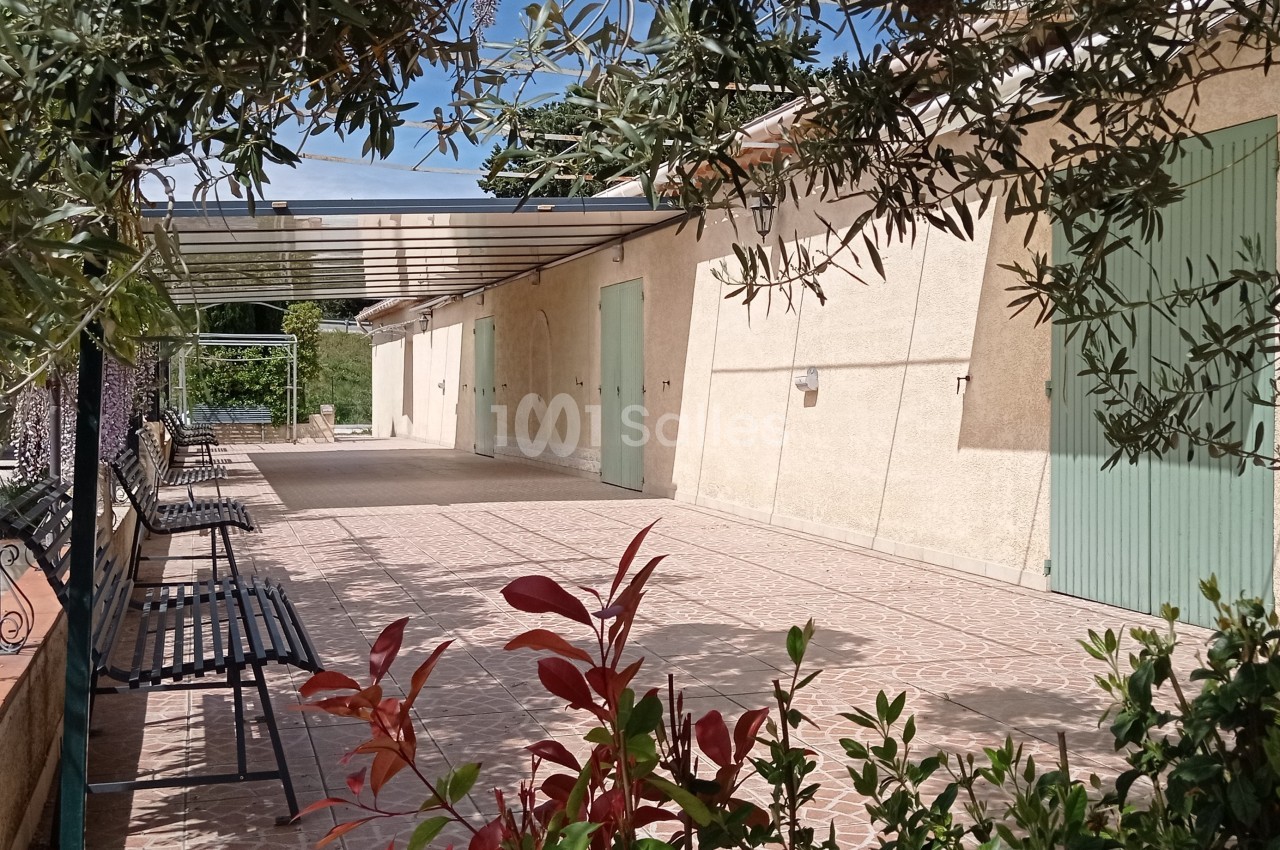 Terrasse dallée ombragée avec bancs, plantes et volets verts sur une façade beige sous un ciel dégagé.