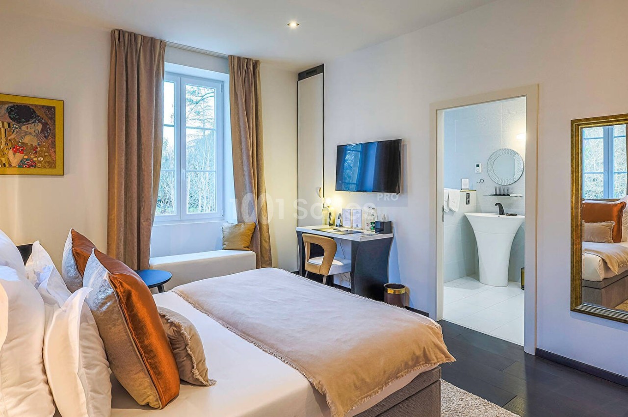 Chambre lumineuse avec lit double, bureau, télévision, grande fenêtre et salle de bain attenante visible.