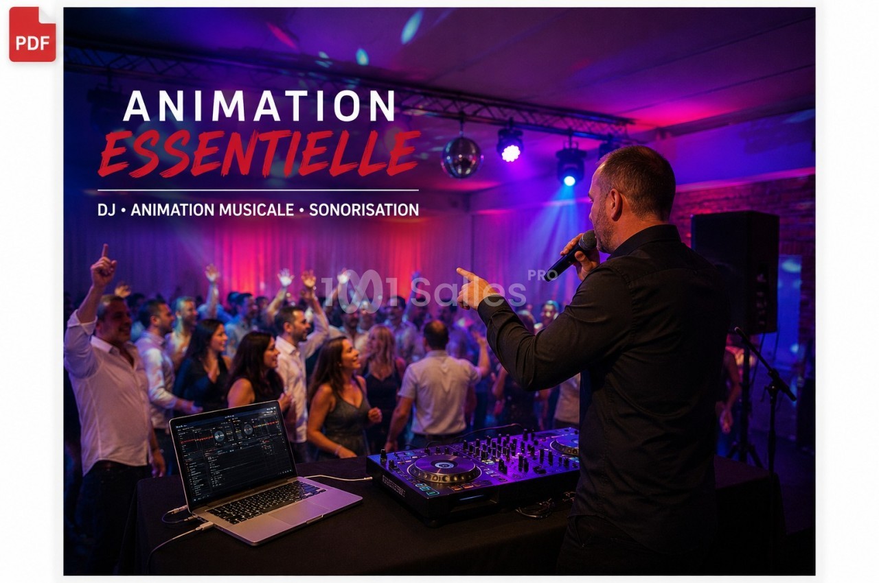 Un DJ anime une soirée dansante avec une foule sur une piste éclairée, platines et micros en avant-plan.
