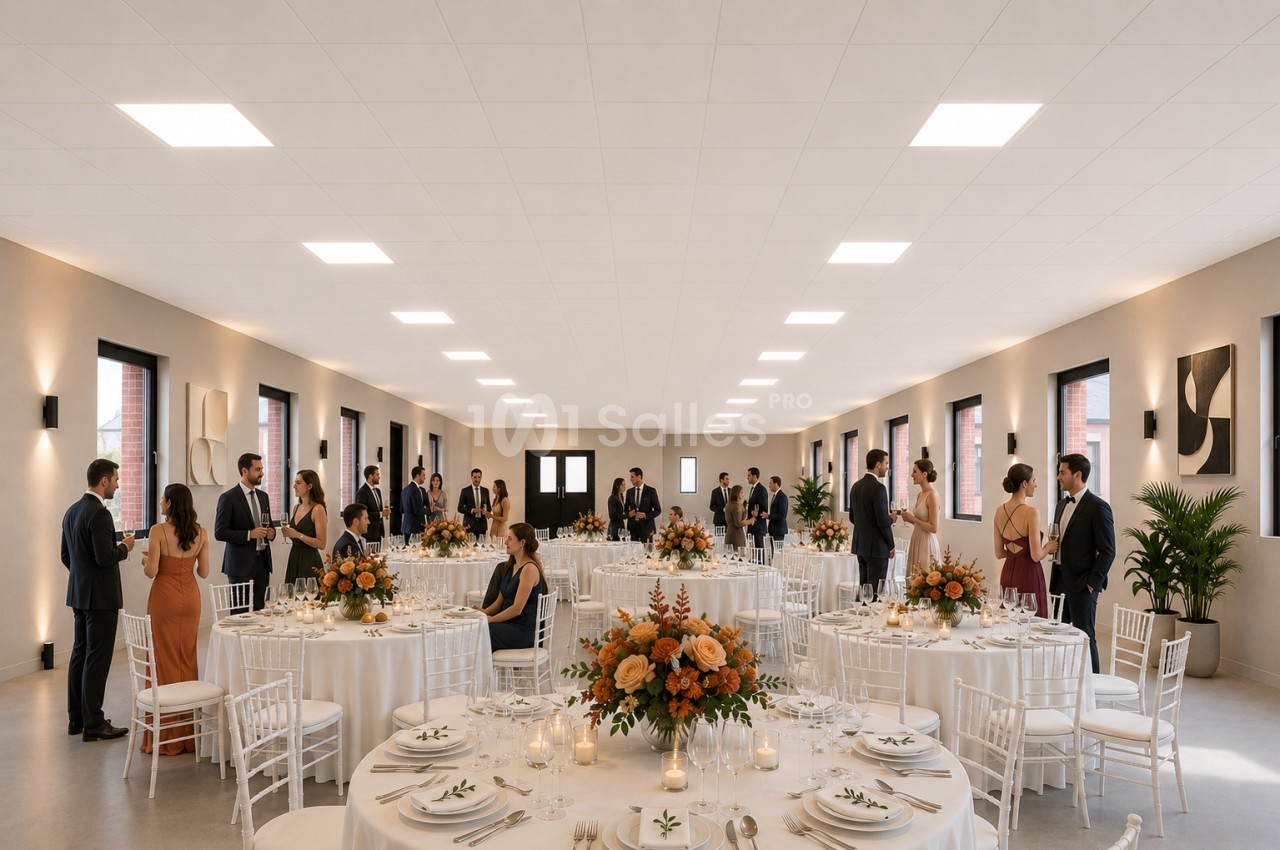 Salle de réception élégante avec tables décorées de fleurs orange et invités debout discutant.