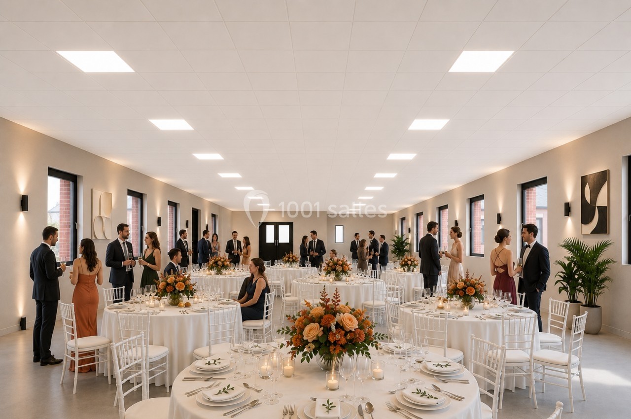 Salle de réception élégante avec tables décorées de fleurs orange et invités debout ou discutant.