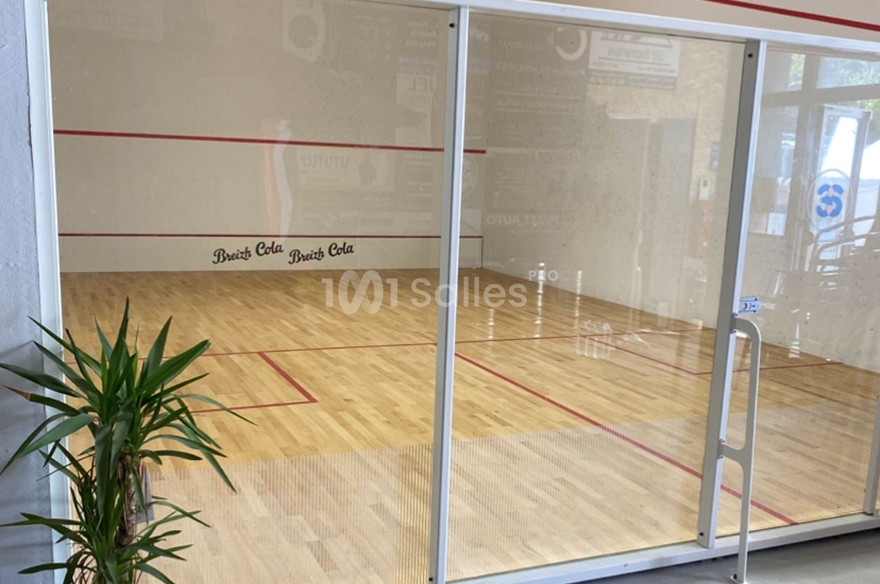 Terrain de squash en bois clair vu à travers une paroi vitrée, avec une plante verte au premier plan.
