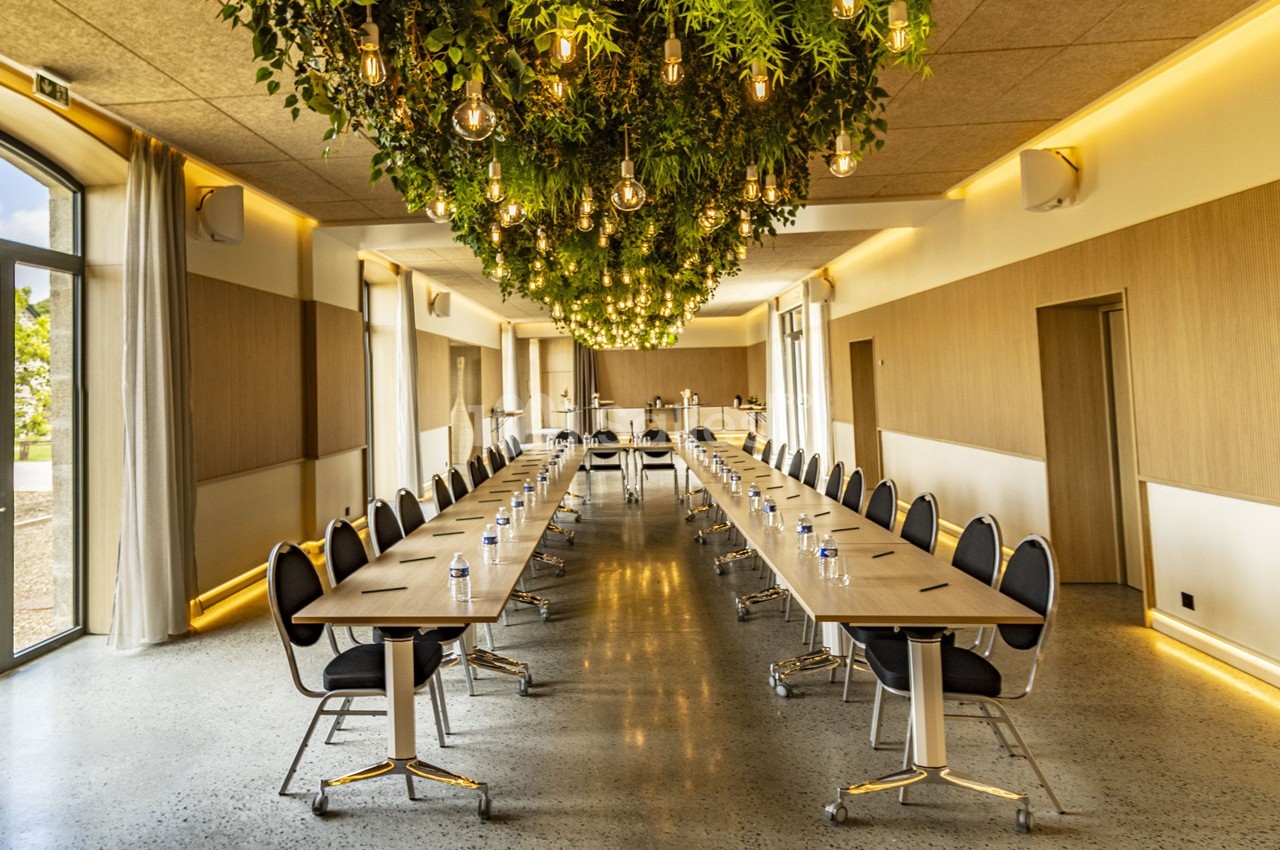 Salle de réunion lumineuse avec tables disposées en U, chaises noires et plafond décoré de plantes suspendues.