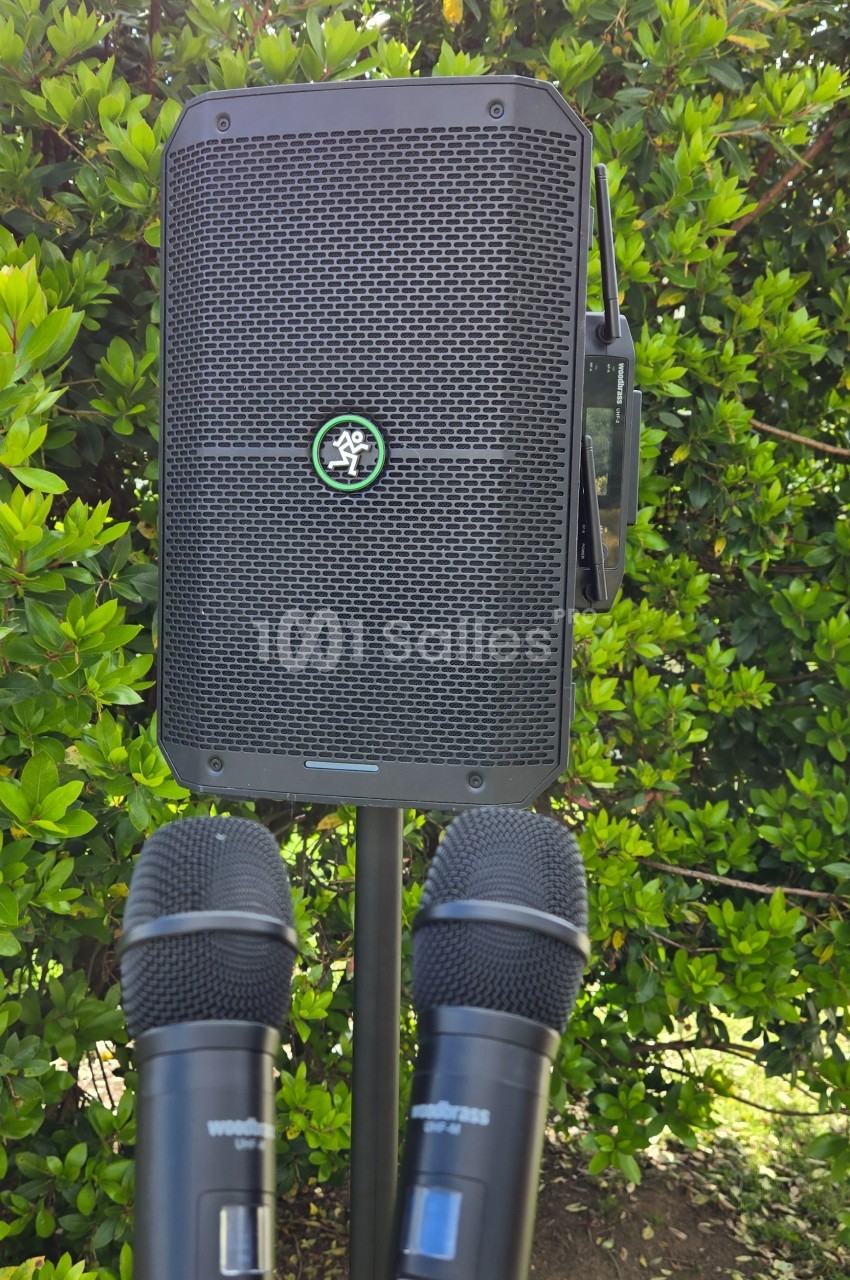 Deux microphones noirs sur pied devant une enceinte portable noire, avec des buissons en arrière-plan.
