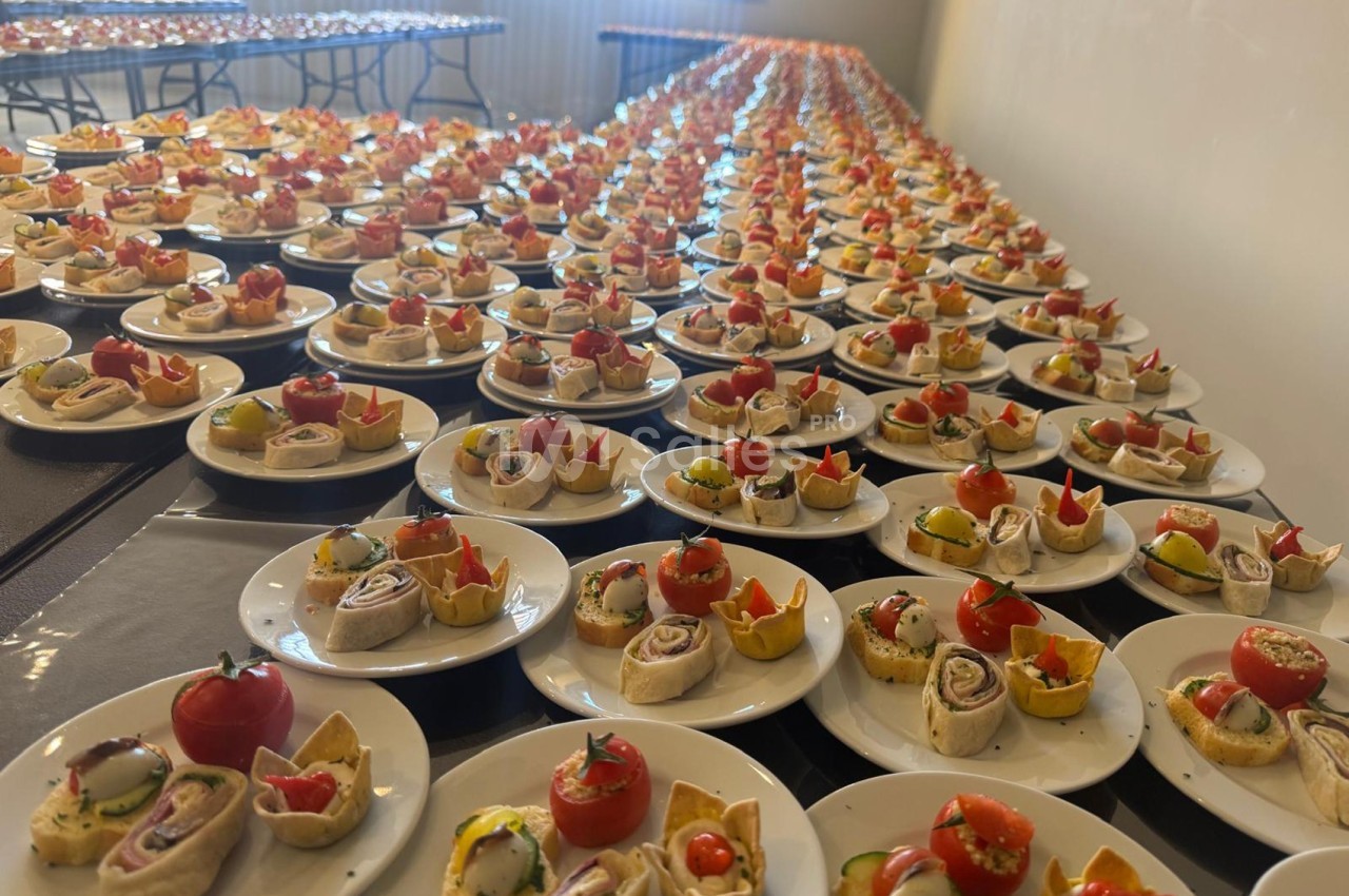 Assiettes individuelles garnies de bouchées apéritives variées alignées sur de longues tables dans une salle lumineuse.