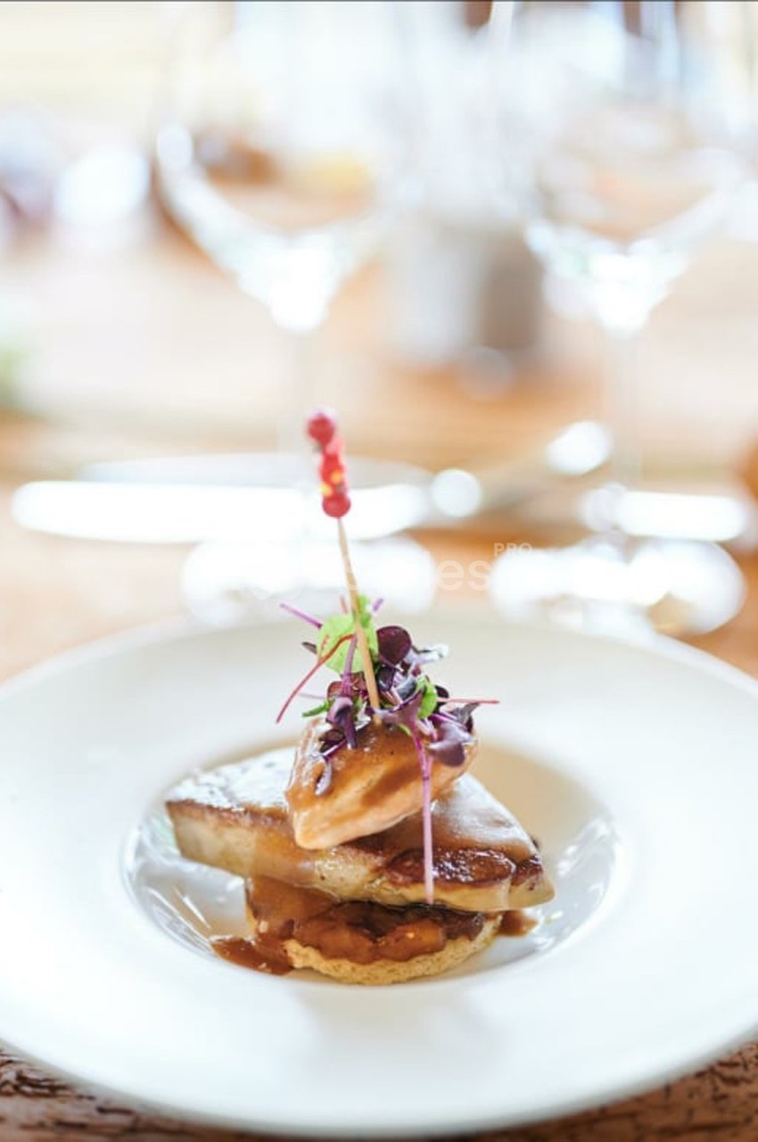 Assiette gastronomique avec foie gras, garniture de pousses et sauce, présentée sur une table élégamment dressée.
