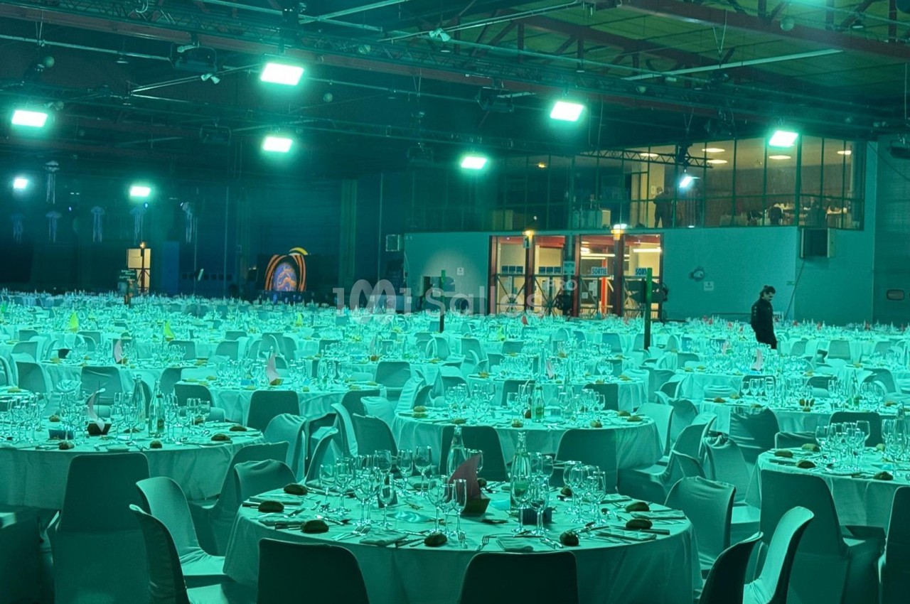 Salle de réception avec de nombreuses tables rondes dressées pour un événement, éclairée par des lumières vertes.
