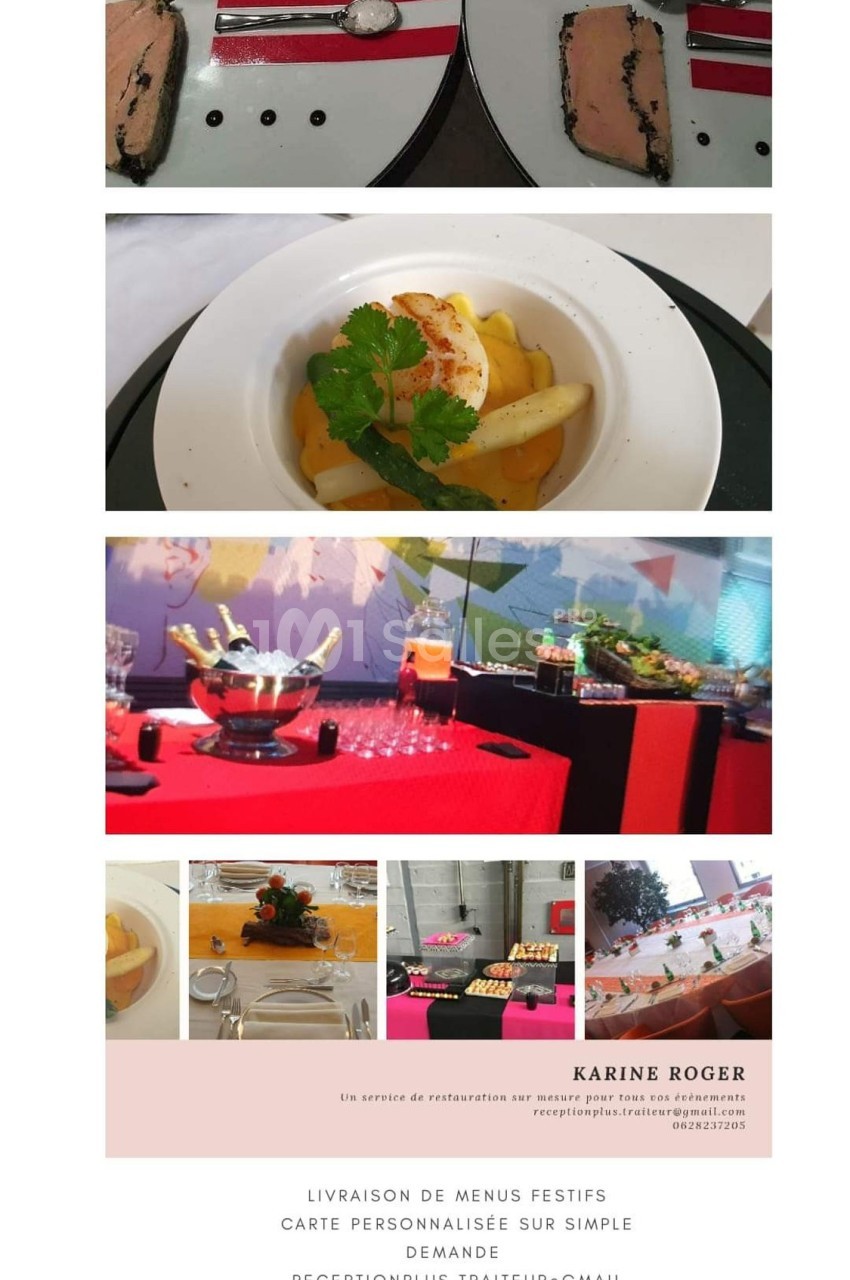 Des plats gastronomiques présentés sur table, incluant foie gras, asperges, et un buffet décoré pour un événement.