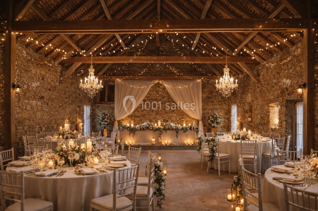 Salle en pierre décorée pour un mariage, avec tables dressées, guirlandes lumineuses et chandeliers suspendus.
