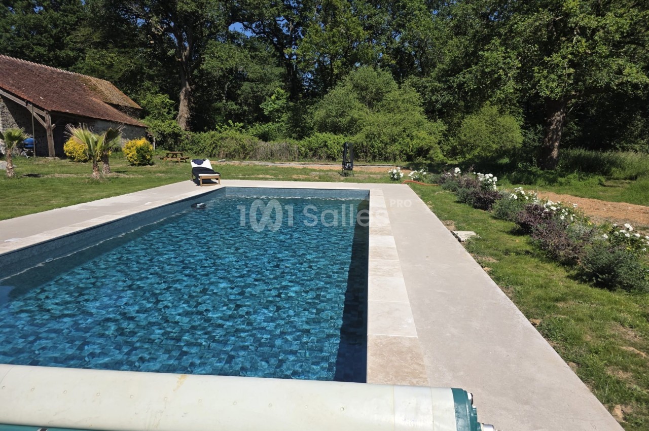 Piscine extérieure entourée de verdure, avec margelles en pierre et transat sur la terrasse.