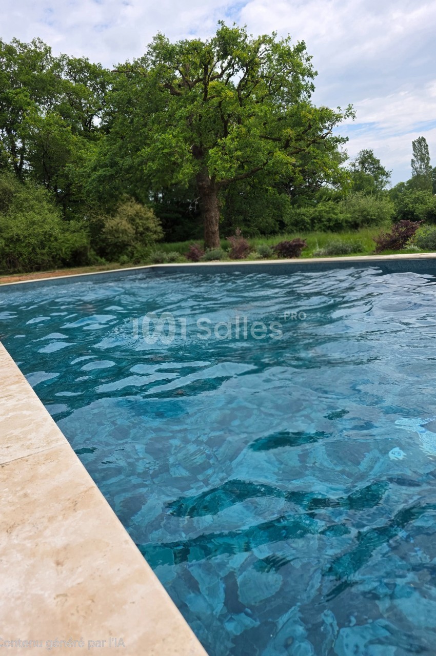 Piscine extérieure bordée de pierre, entourée de végétation dense et d'arbres sous un ciel légèrement nuageux.