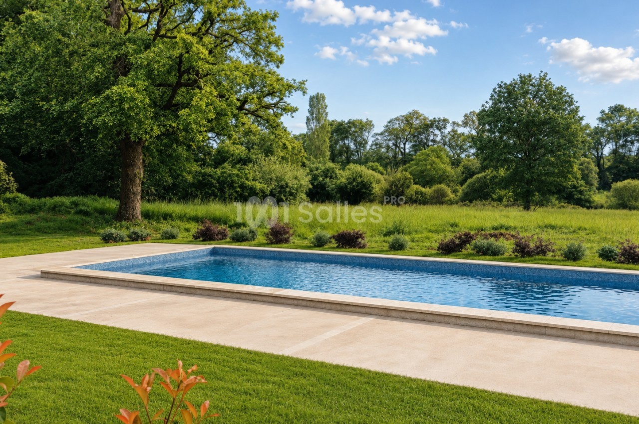 Piscine rectangulaire entourée de pelouse et d'arbustes, avec un paysage naturel verdoyant en arrière-plan.