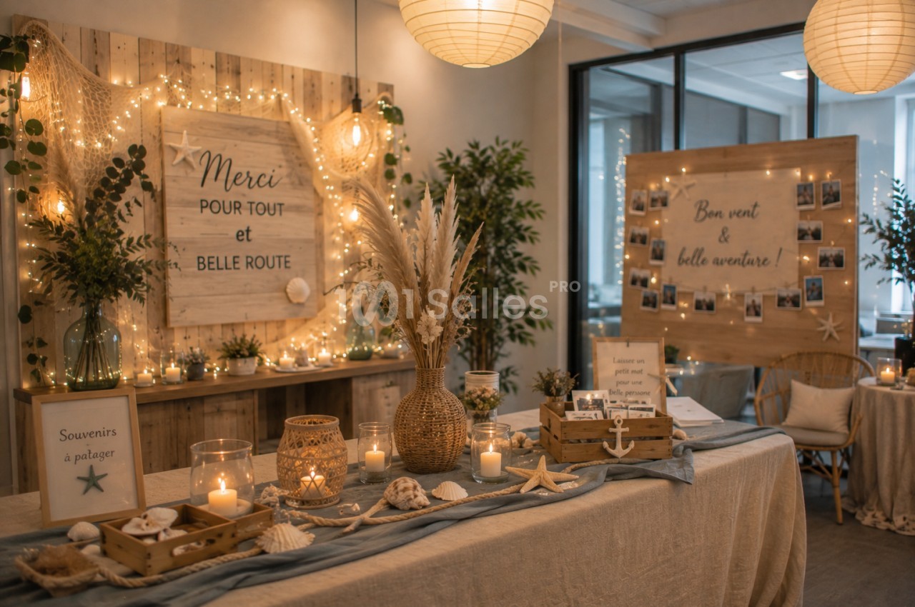 Décoration de table avec bougies, coquillages et panneaux en bois illuminés pour un événement chaleureux.