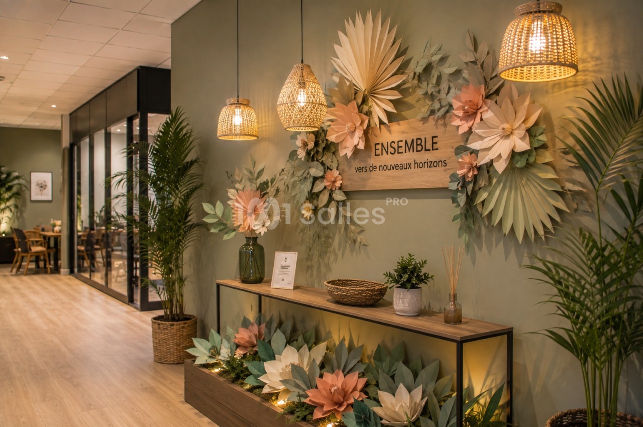 Décoration murale avec des fleurs en papier pastel, éclairée par des suspensions en rotin dans un espace intérieur…