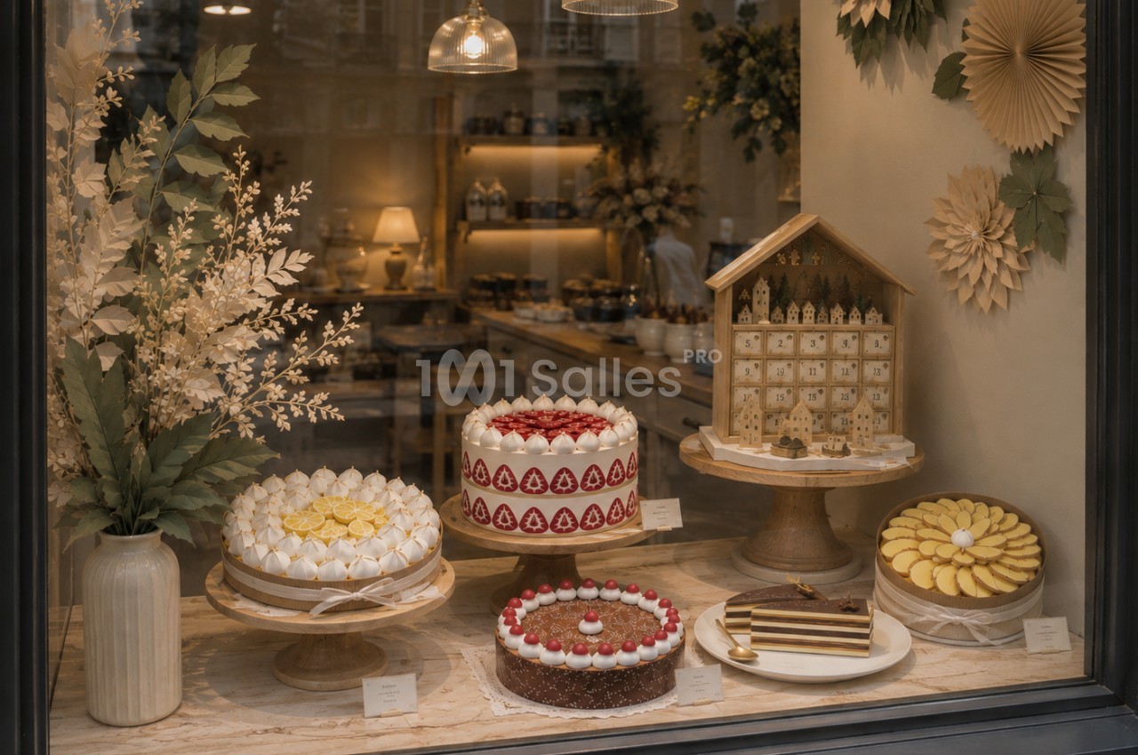 Vitrine de pâtisserie avec gâteaux décorés, tarte aux pommes, bûche et décorations florales sous un éclairage chaleureux.