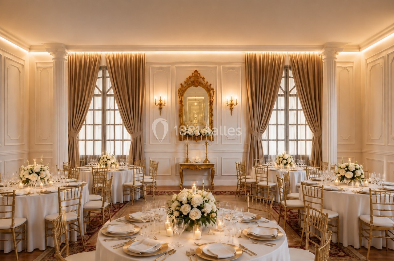 Salle de réception élégante avec tables rondes dressées, chaises dorées, décor floral blanc et lumière tamisée.