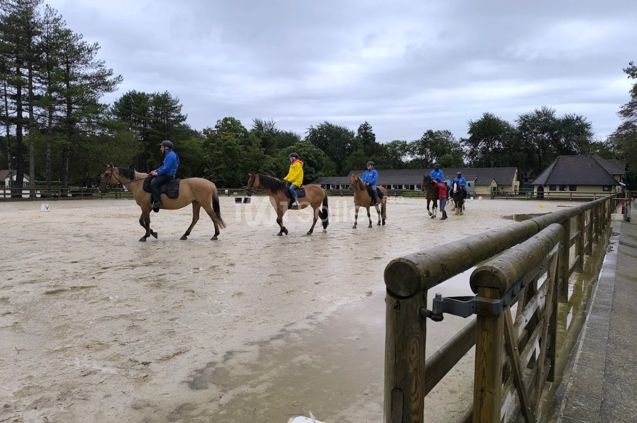 Des cavaliers montent des chevaux sur une piste extérieure entourée d'arbres et de bâtiments sous un ciel nuageux.