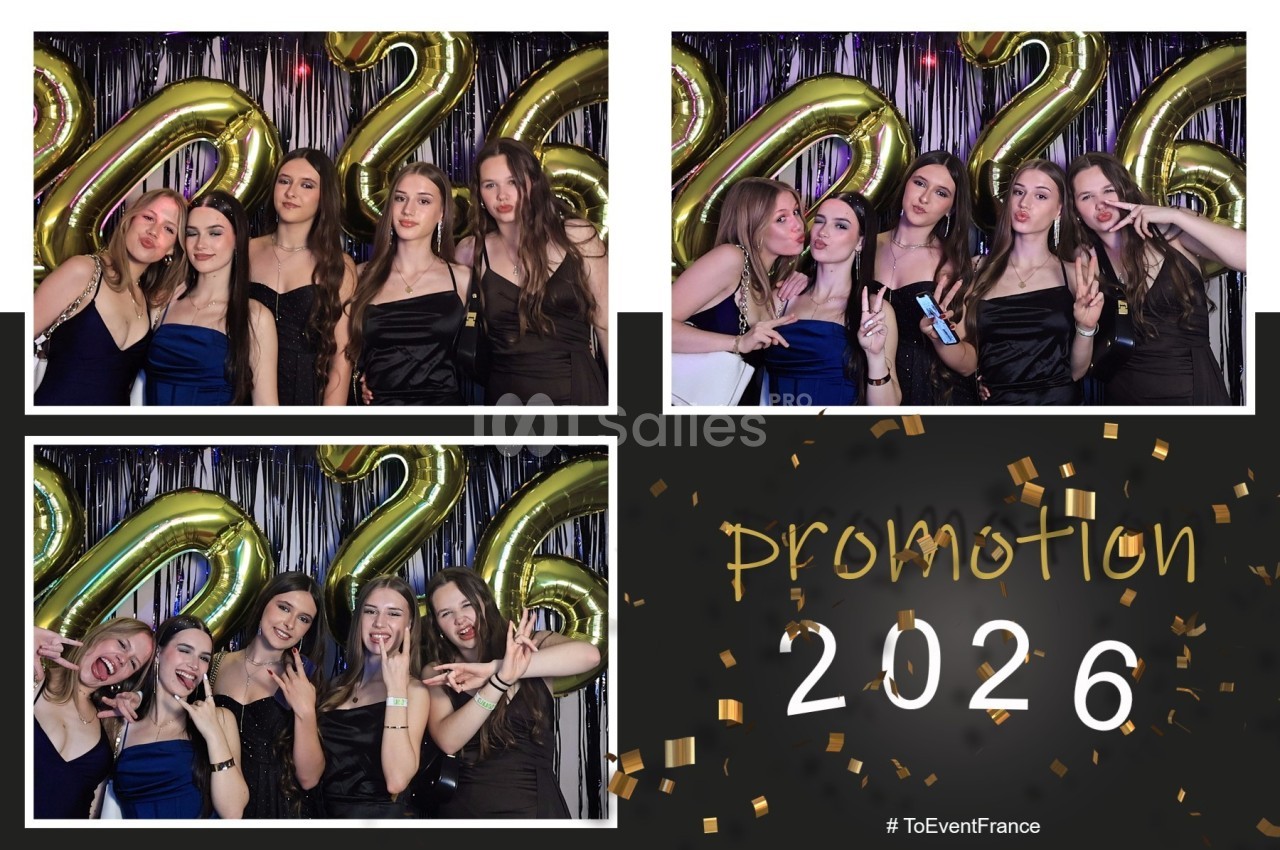 Quatre photos de jeunes femmes posant devant des ballons dorés formant ’2026’, sur un fond festif avec des guirlandes.