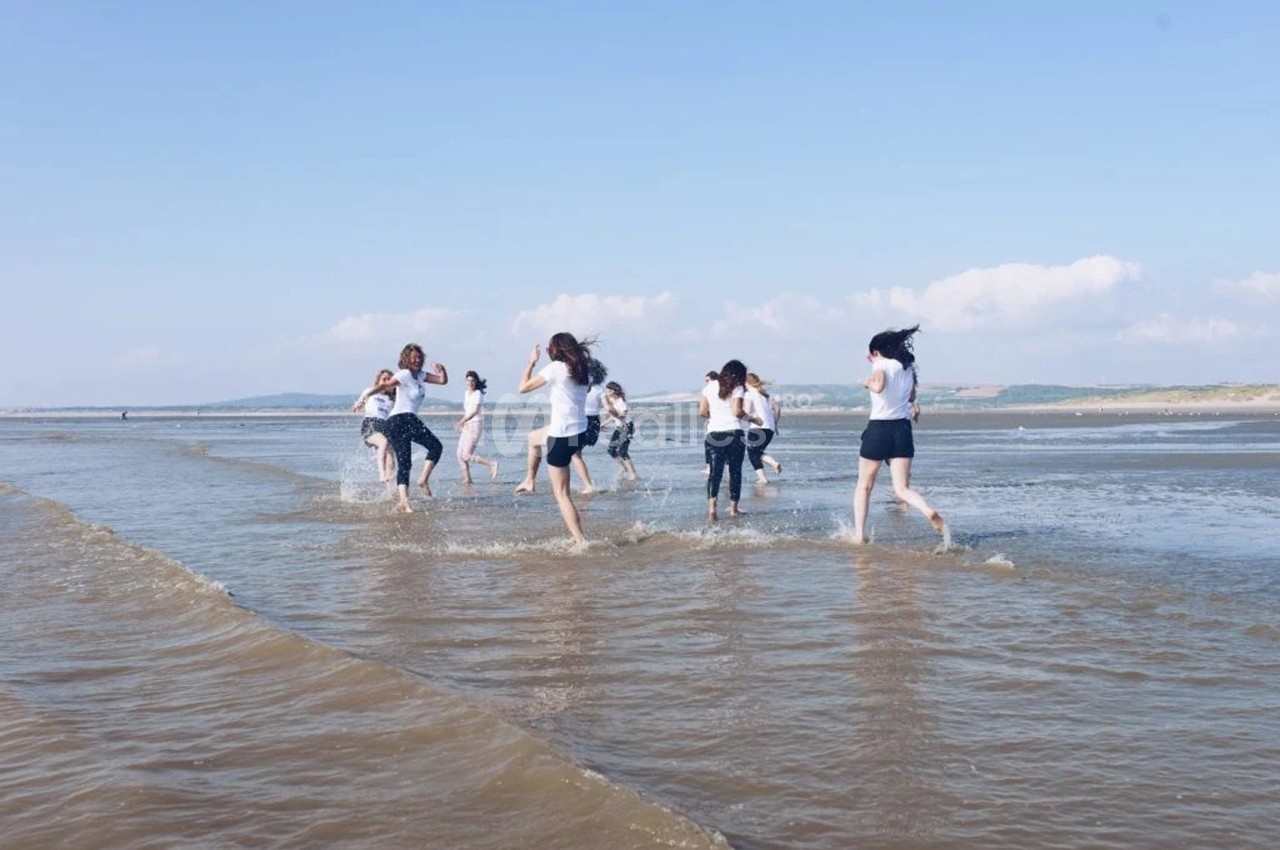 Des personnes courent et jouent dans l'eau peu profonde sur une plage sous un ciel dégagé.