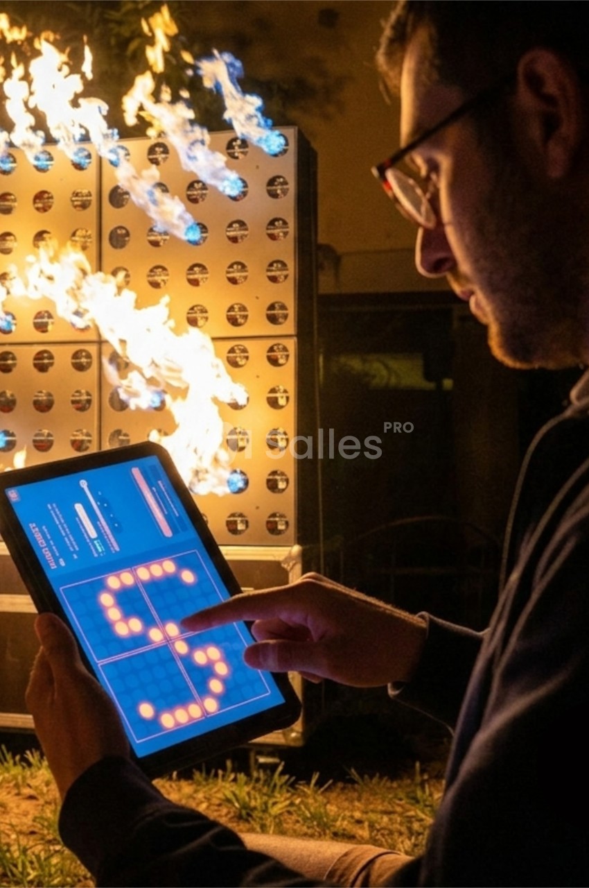 Un homme utilise une tablette pour contrôler un dispositif lumineux enflammé en extérieur, de nuit.
