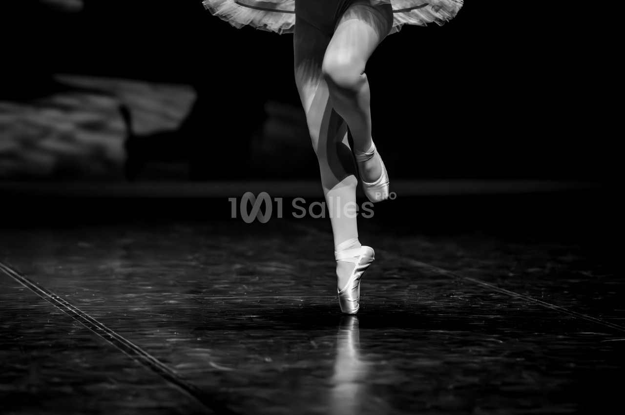 Danseuse en pointe sur scène, éclairée par une lumière douce, avec un fond sombre et flou.