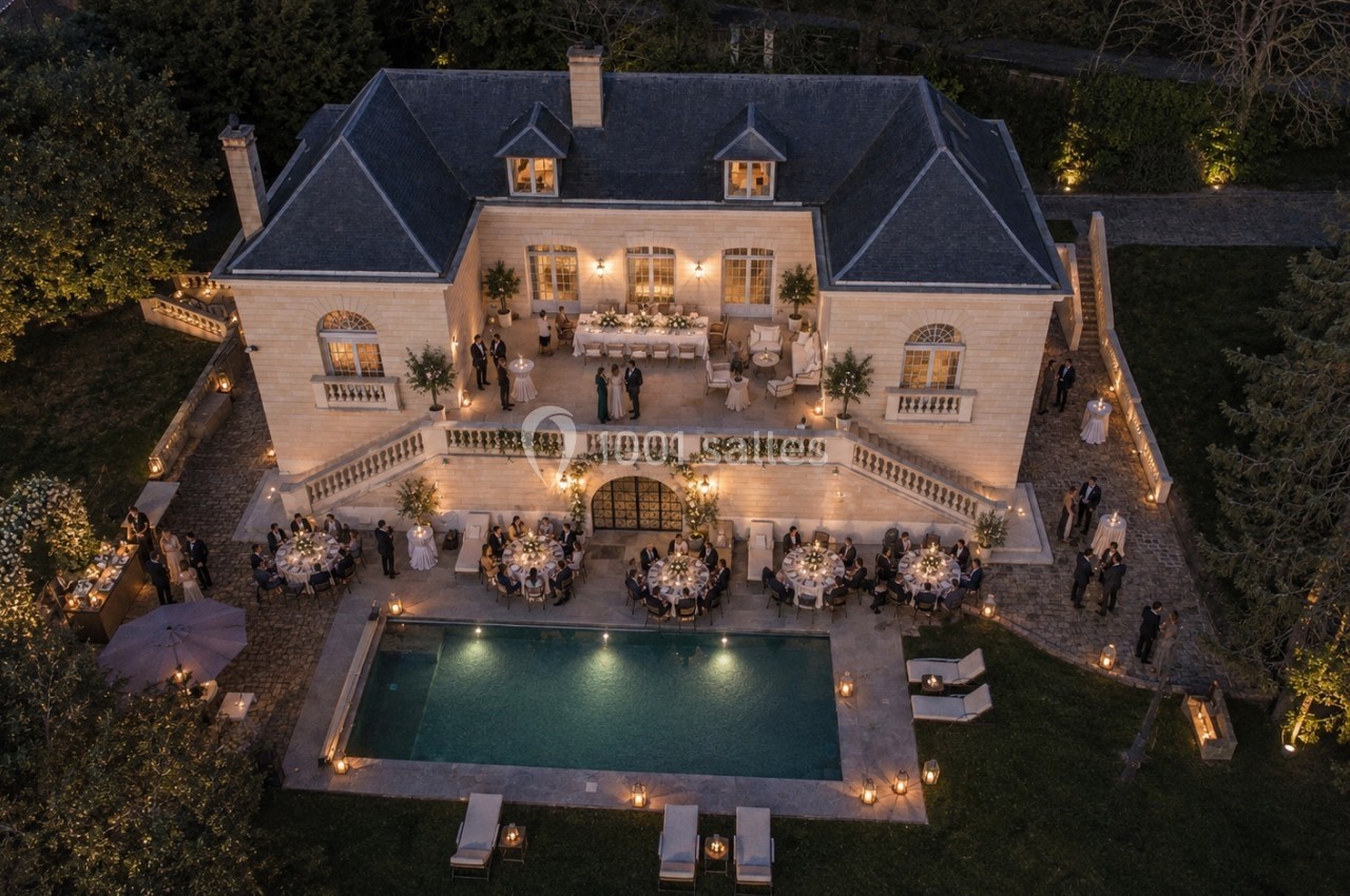 Vue aérienne d'une grande maison élégante avec piscine éclairée, entourée de tables dressées pour un événement en soirée.