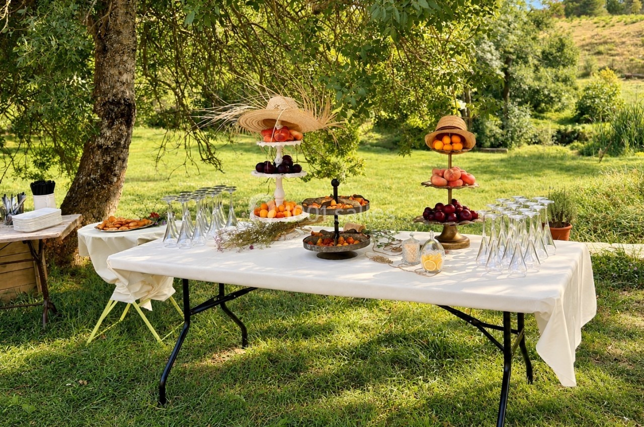 Table dressée en extérieur avec des verres, des fruits disposés sur des présentoirs et un décor champêtre.