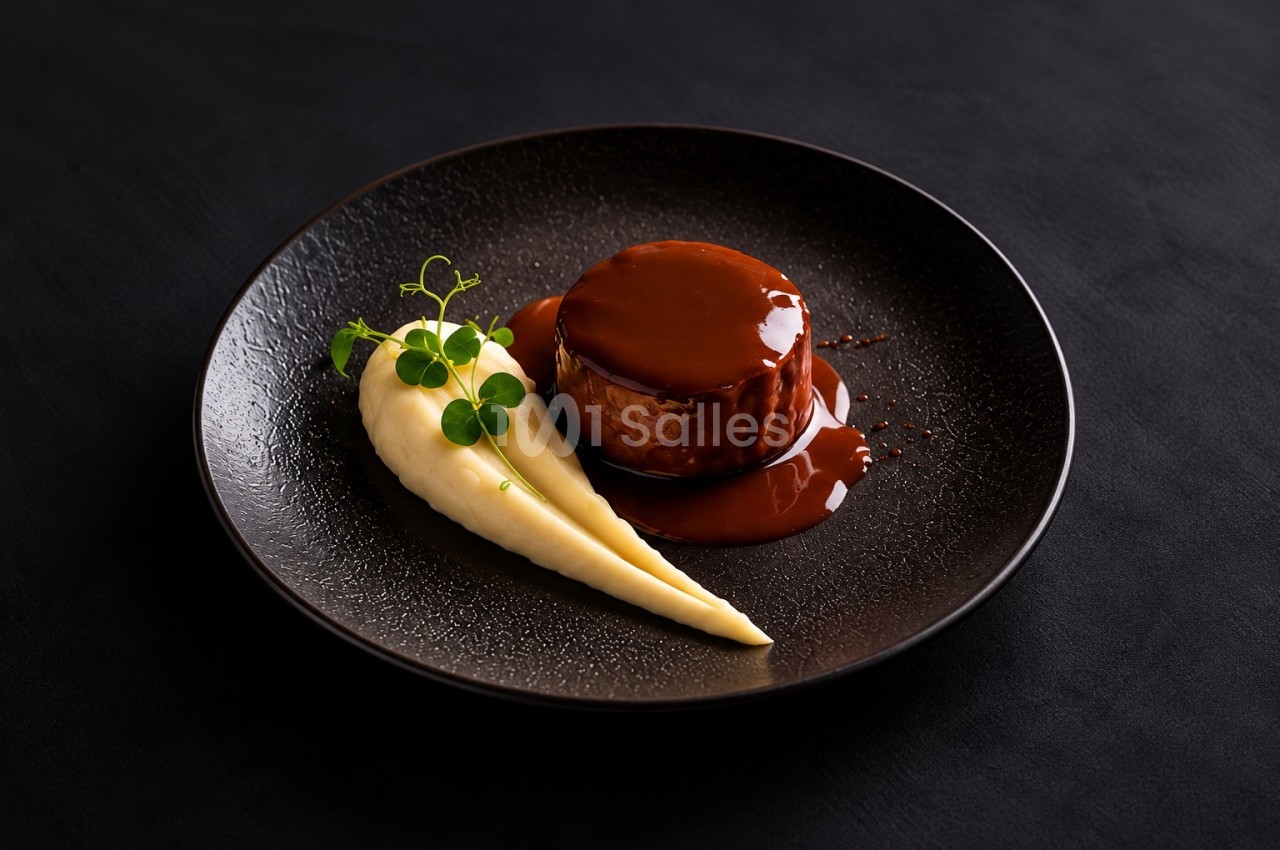 Assiette noire avec dessert chocolat brillant et accompagnement de crème pâle garni de microplante.