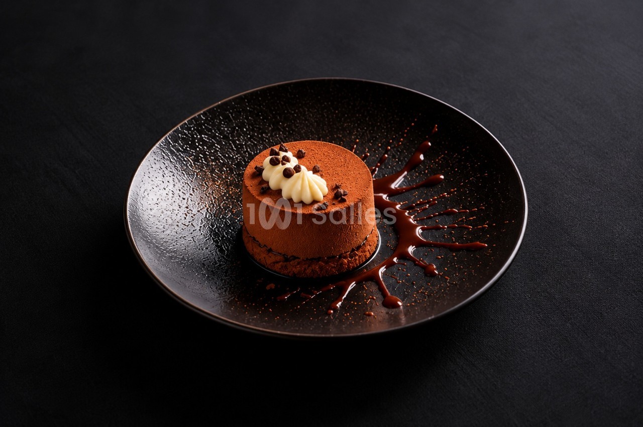 Dessert au chocolat poudré, garni de crème et de perles, sur assiette noire avec coulis.