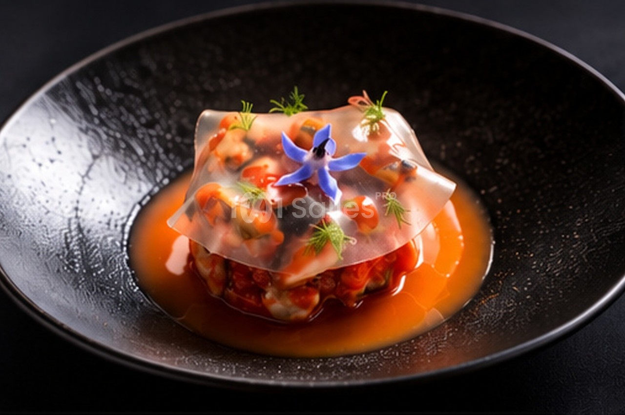 Assiette noire avec dôme de gélatine transparent contenant des légumes rouges et garni d'une fleur bleue.