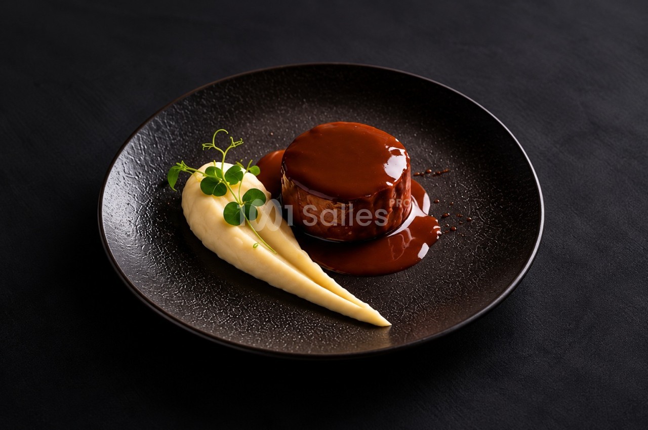 Assiette noire avec dessert chocolat brillant et accompagnement de crème pâle garni de microplante.